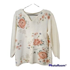 ❄️𝅺vintage cream knit floral print long sleeve pullover sweater